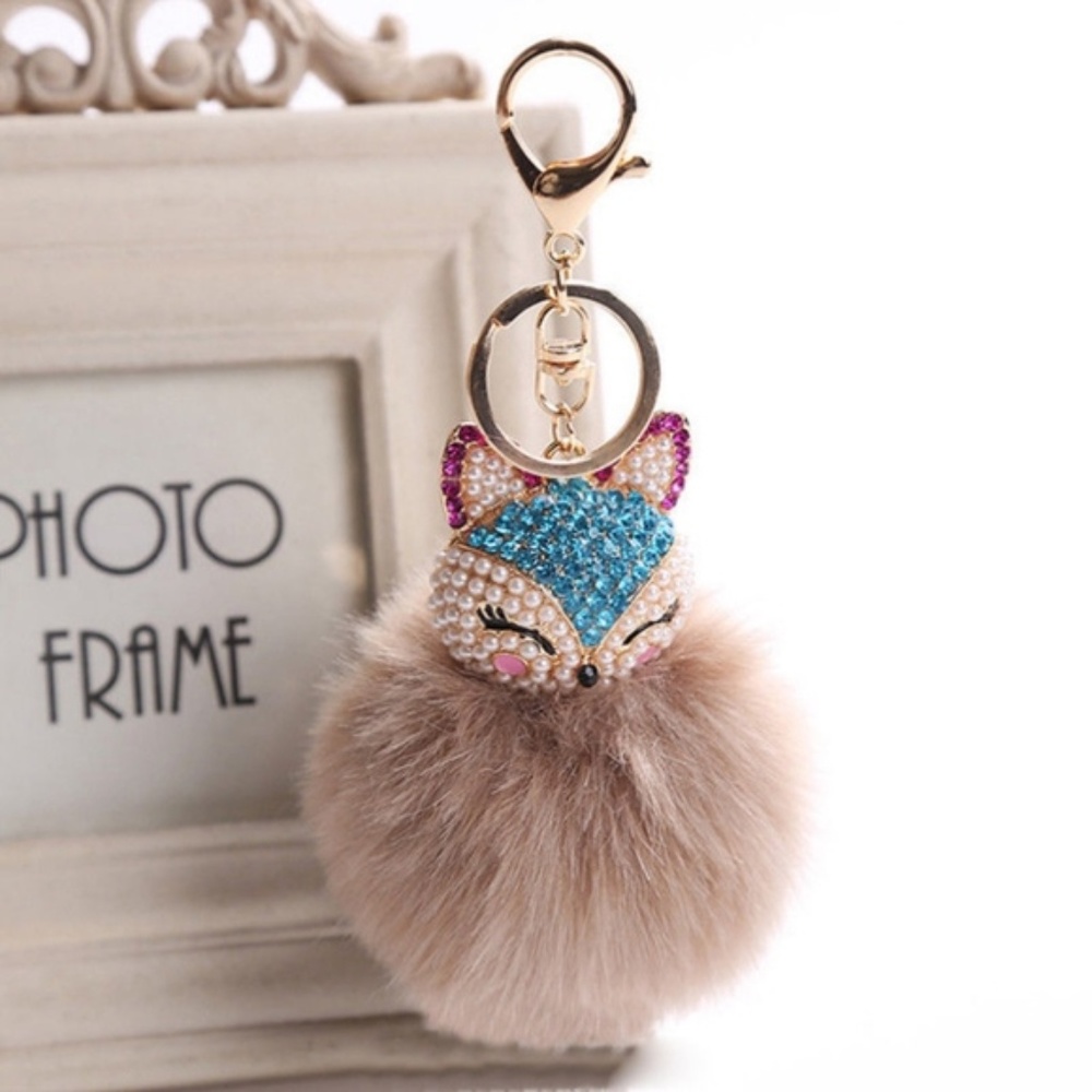 Rhinestone Fox Furry Pom Pom Pearl Keychain Purse